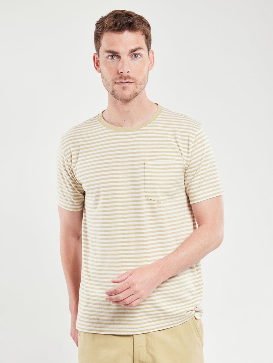 Men Armor Lux T-Shirts | Stripe Linen Tee - Pale /Nature Olive