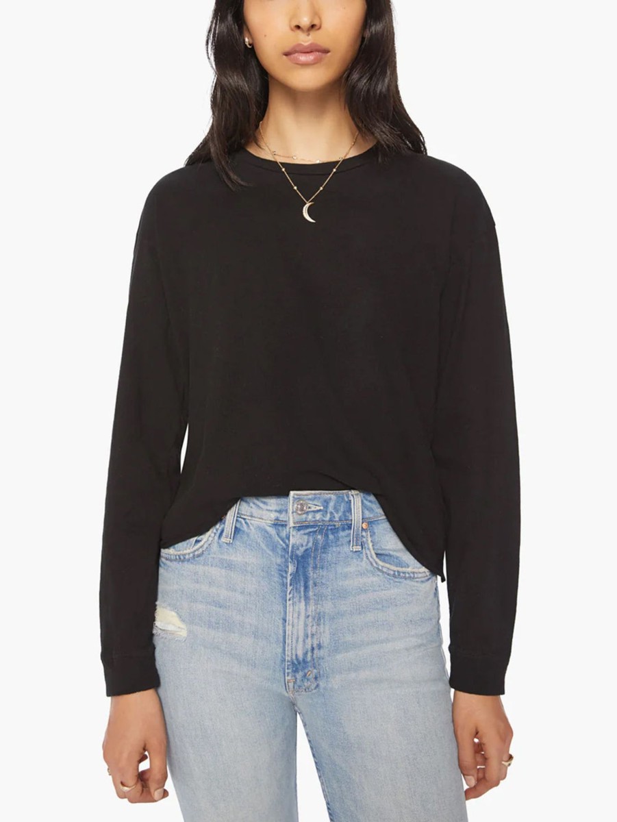 Women Mother T-Shirts | Long Sleeve Slouchy Cut Off Tee - Black Blk