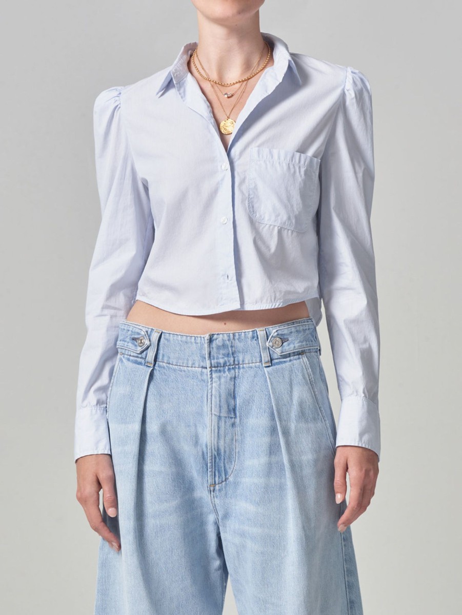 Women Citizens of Humanity Shirts | Nia Puff Sleeve Crop Shirt Stripe Marsden