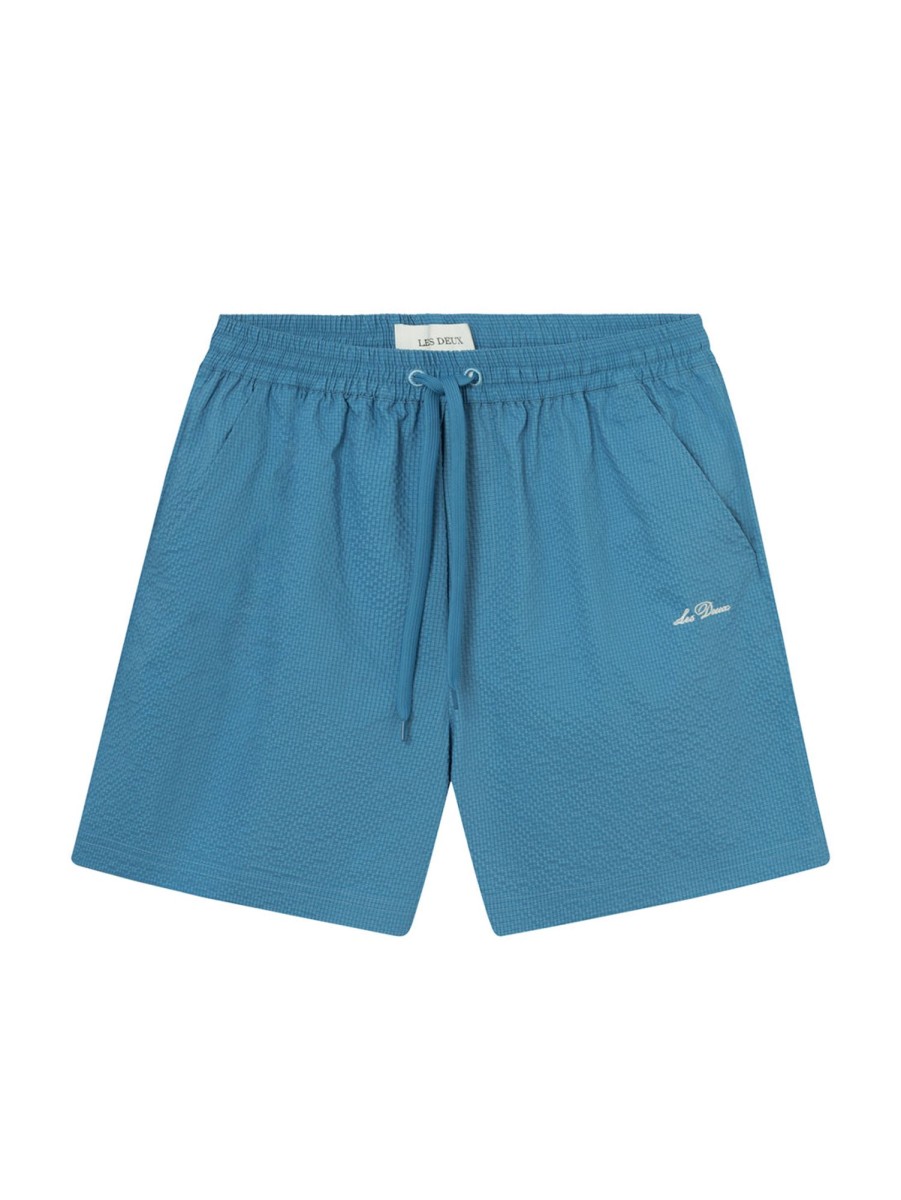 Men LES DEUX Shorts | Stan Seersucker 2.0 Swim Shorts - Washed Denim Blue Denim Ivory