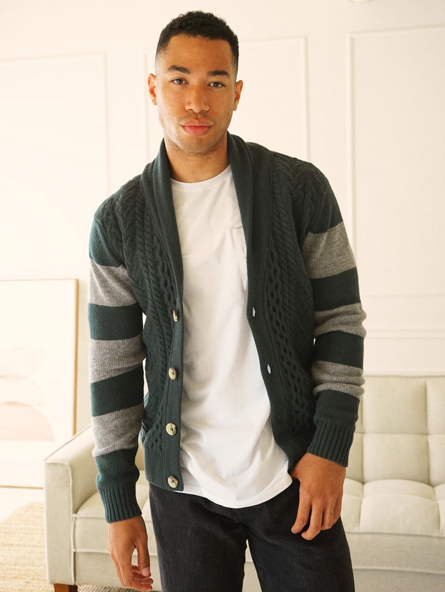 Men Benson Sweaters & Sweatshirts | Nicholson Shawl Cardigan - Forest Green Stripes Forest Grn Strp