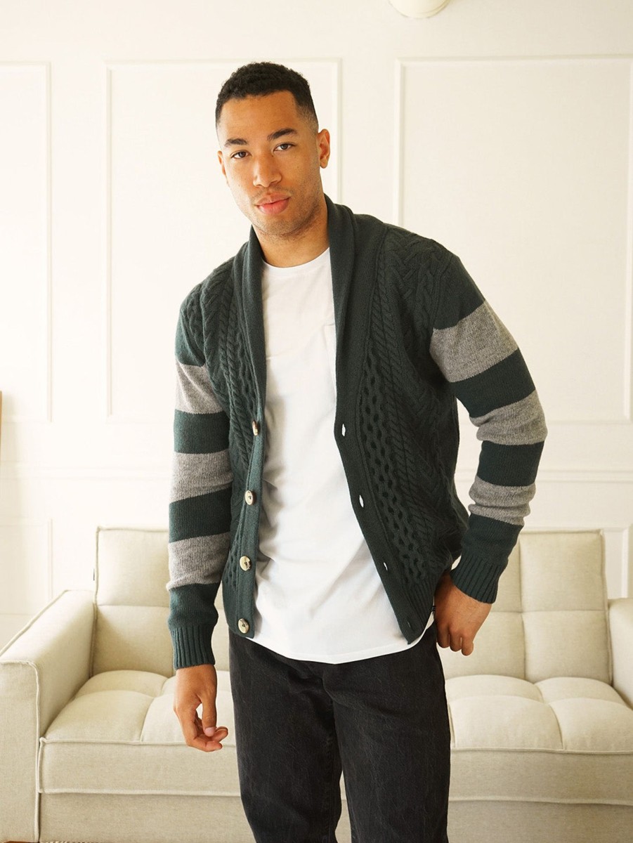 Men Benson Sweaters & Sweatshirts | Nicholson Shawl Cardigan - Forest Green Stripes Forest Grn Strp