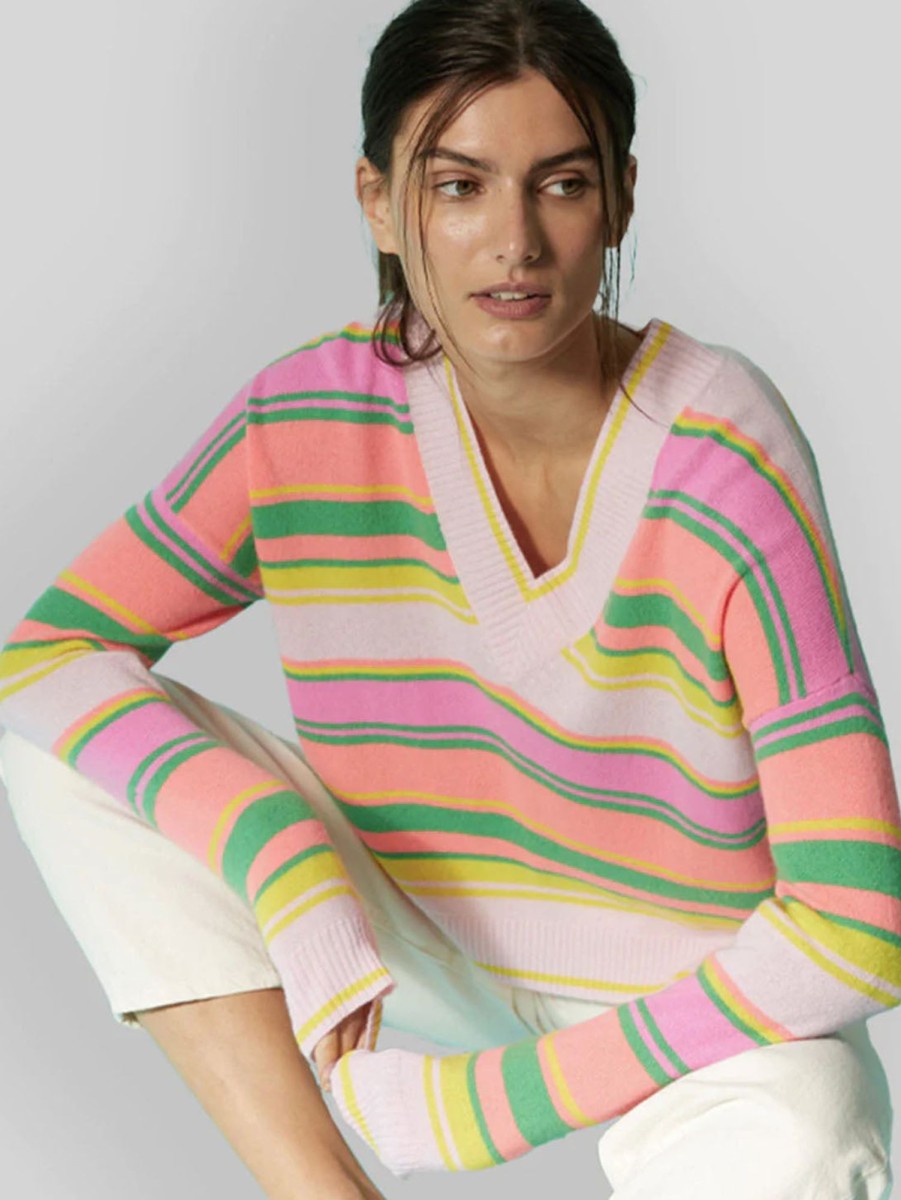 Women AUTUMN CASHMERE Sweaters & Sweatshirts | Multi Stripe V-Neck Sweater Bright