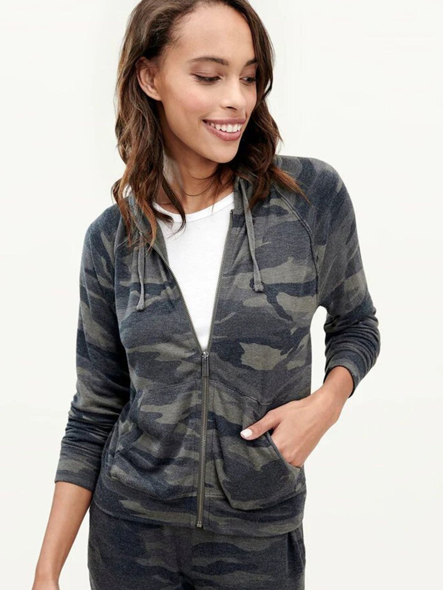 Women SPLENDID Sweaters & Sweatshirts | Camo Zip-Up Hoodie Olive