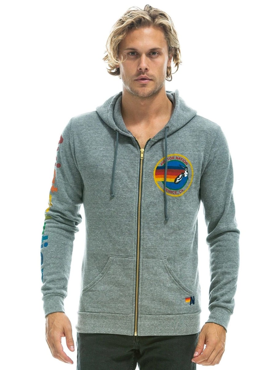 Men AVIATOR NATION Sweaters & Sweatshirts | Aviator Nation Logo Zip Hoodie Heather Grey