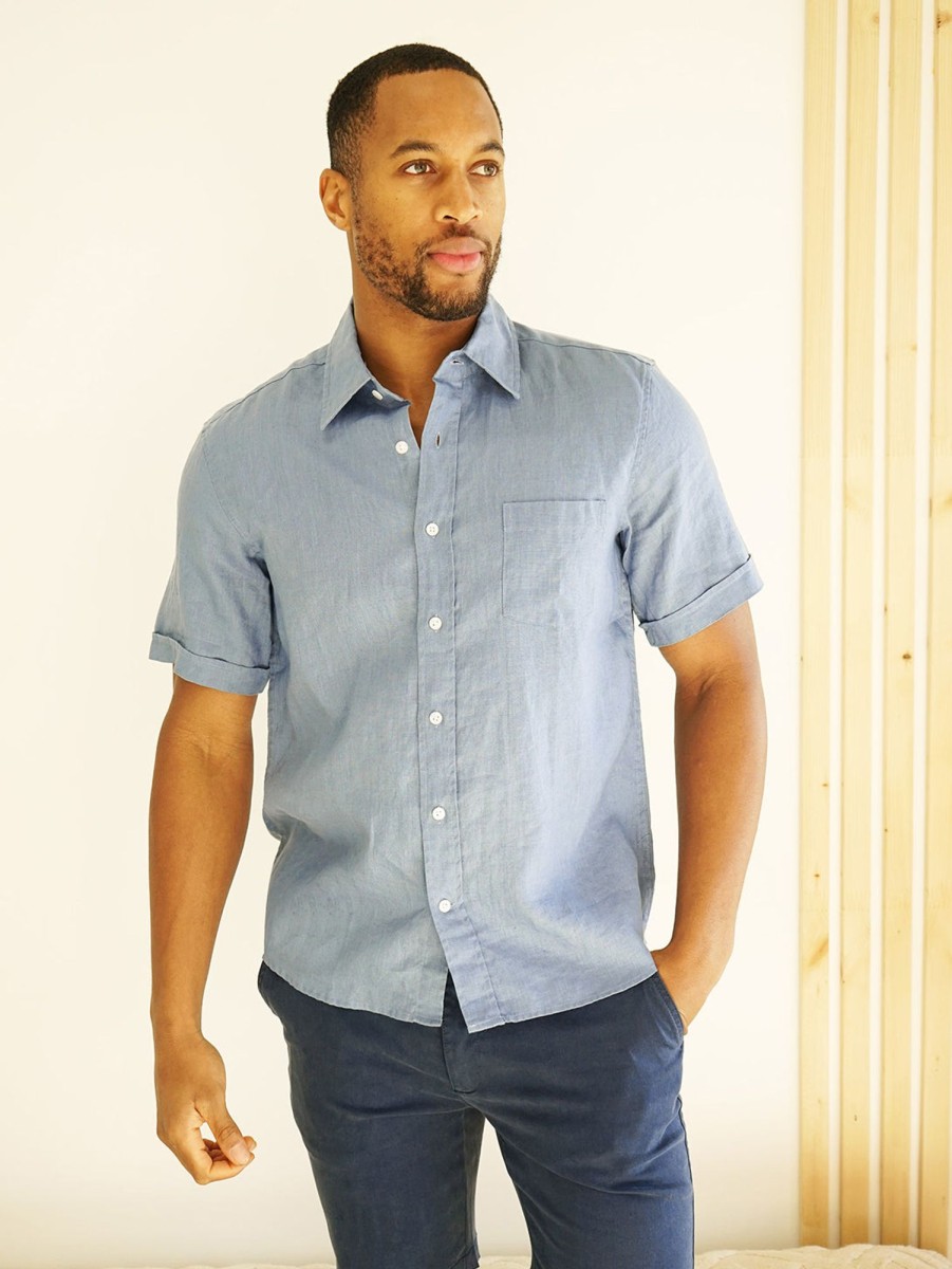 Men Benson Shirts & Polos | Miami Short Sleeve Linen Shirt Blue Dusk