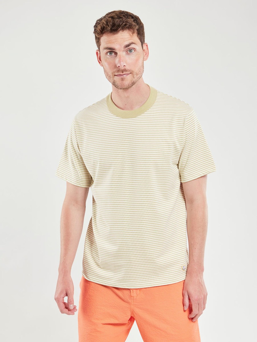 Men Armor Lux T-Shirts | Classic Stripe Boxy Tee - Pale /Milk Olive