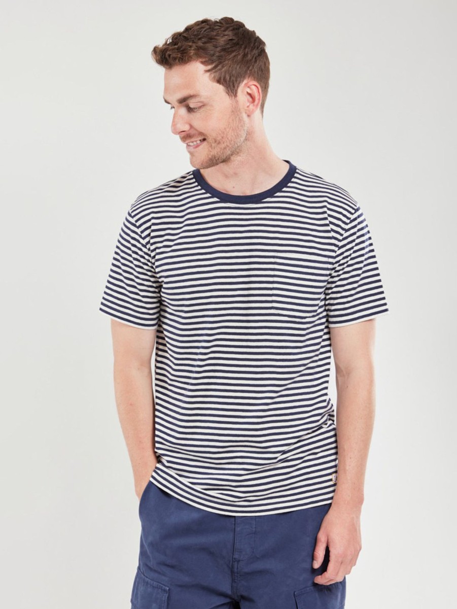 Men Armor Lux T-Shirts | Stripe Linen Tee Deep/ Nature Marine