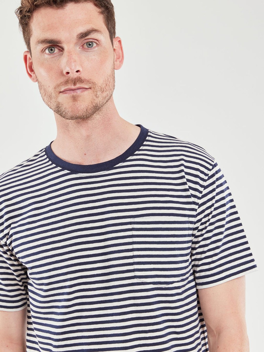 Men Armor Lux T-Shirts | Stripe Linen Tee Deep/ Nature Marine