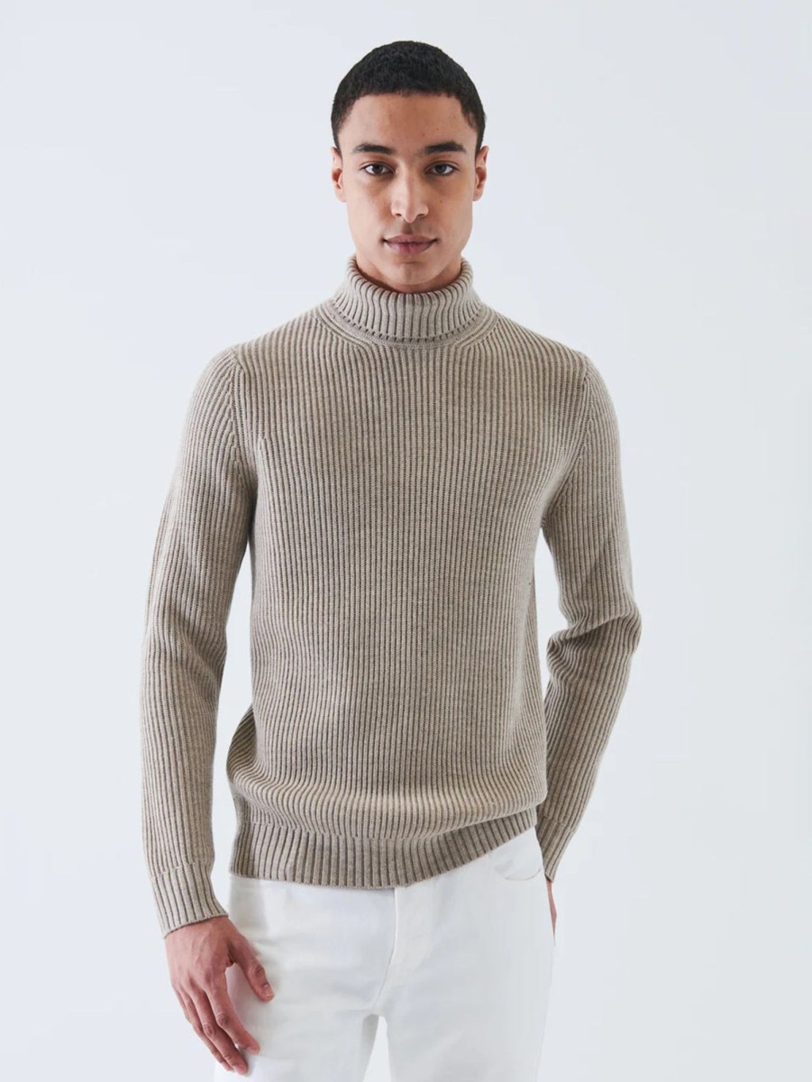 Men Patrick Assaraf Sweaters & Sweatshirts | Merino Ribbed Knit Turtleneck Sand