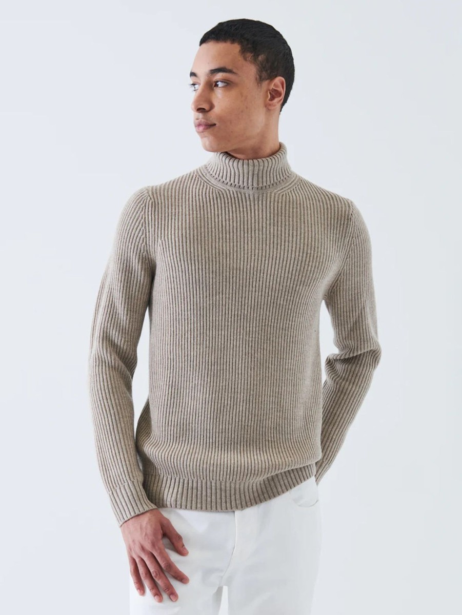 Men Patrick Assaraf Sweaters & Sweatshirts | Merino Ribbed Knit Turtleneck Sand