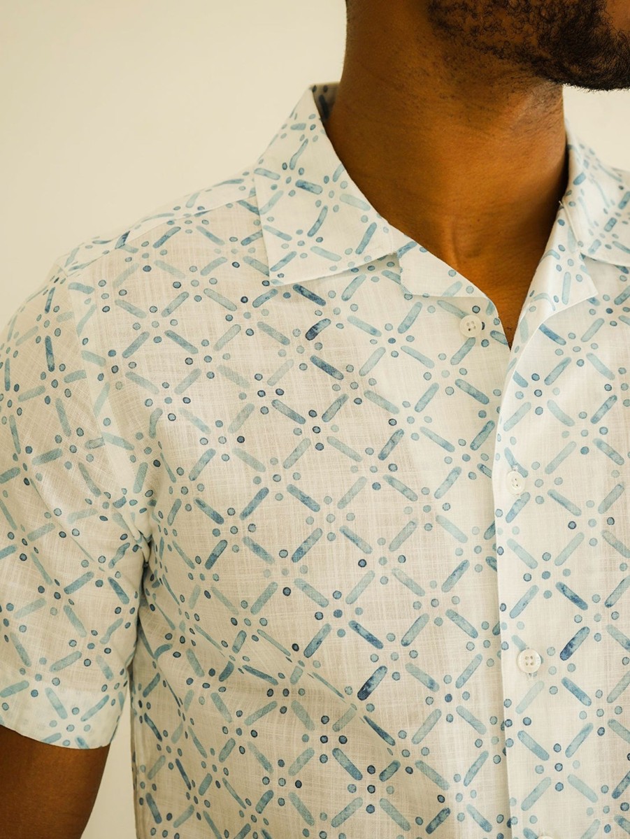 Men Benson Shirts & Polos | Malibu Short Sleeve Linen Shirt Blue Stencil