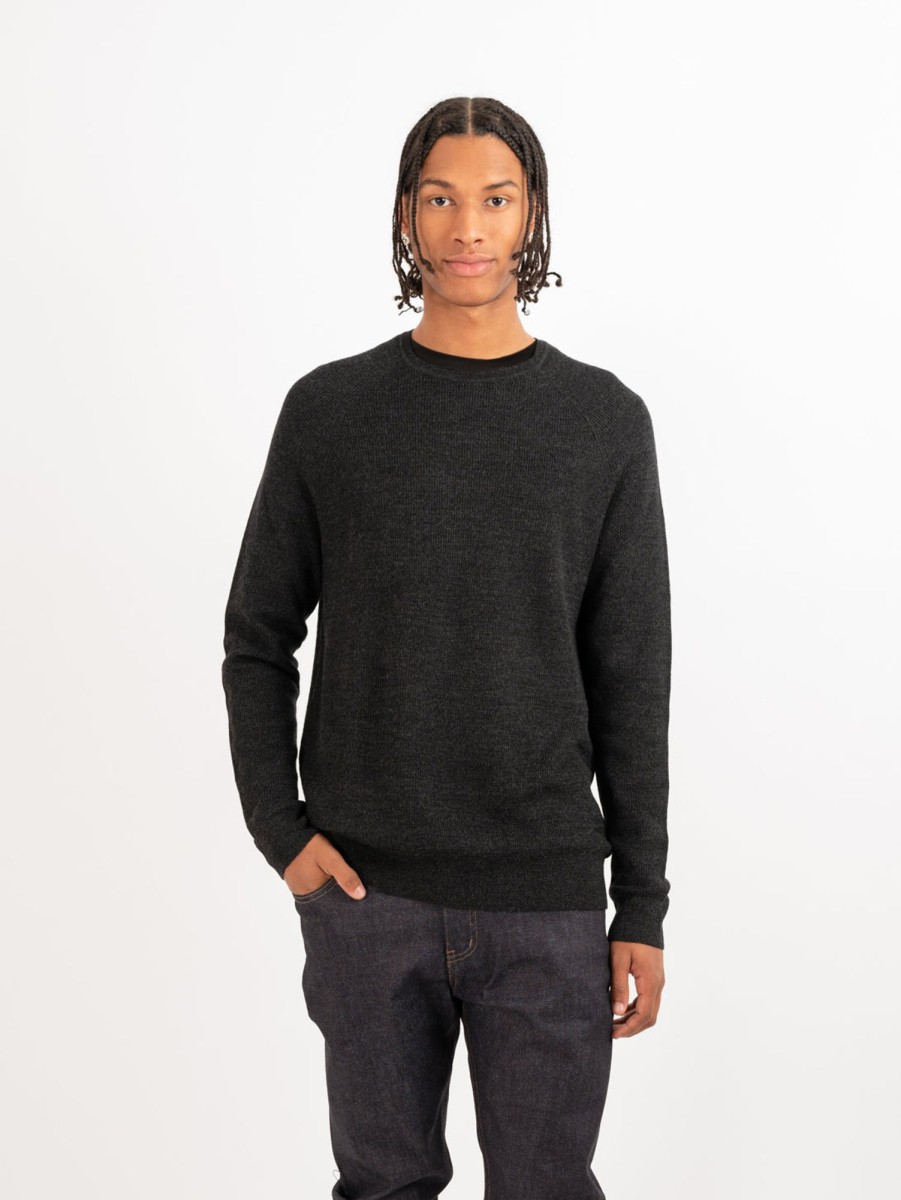 Men Patrick Assaraf Sweaters & Sweatshirts | Merino Wool Ribbed Crewneck Sweater Noir