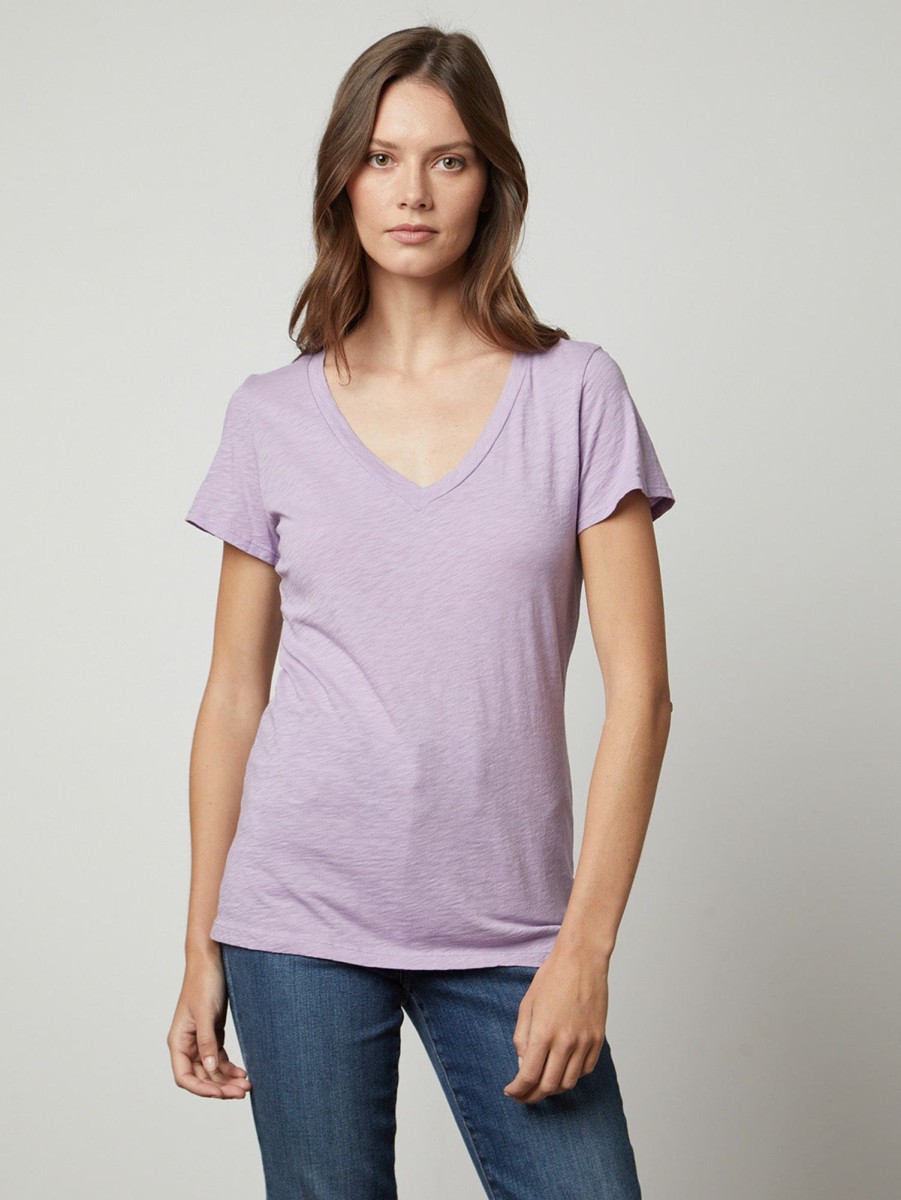 Women Velvet T-Shirts | Lilith V-Neck T-Shirt Dahlia