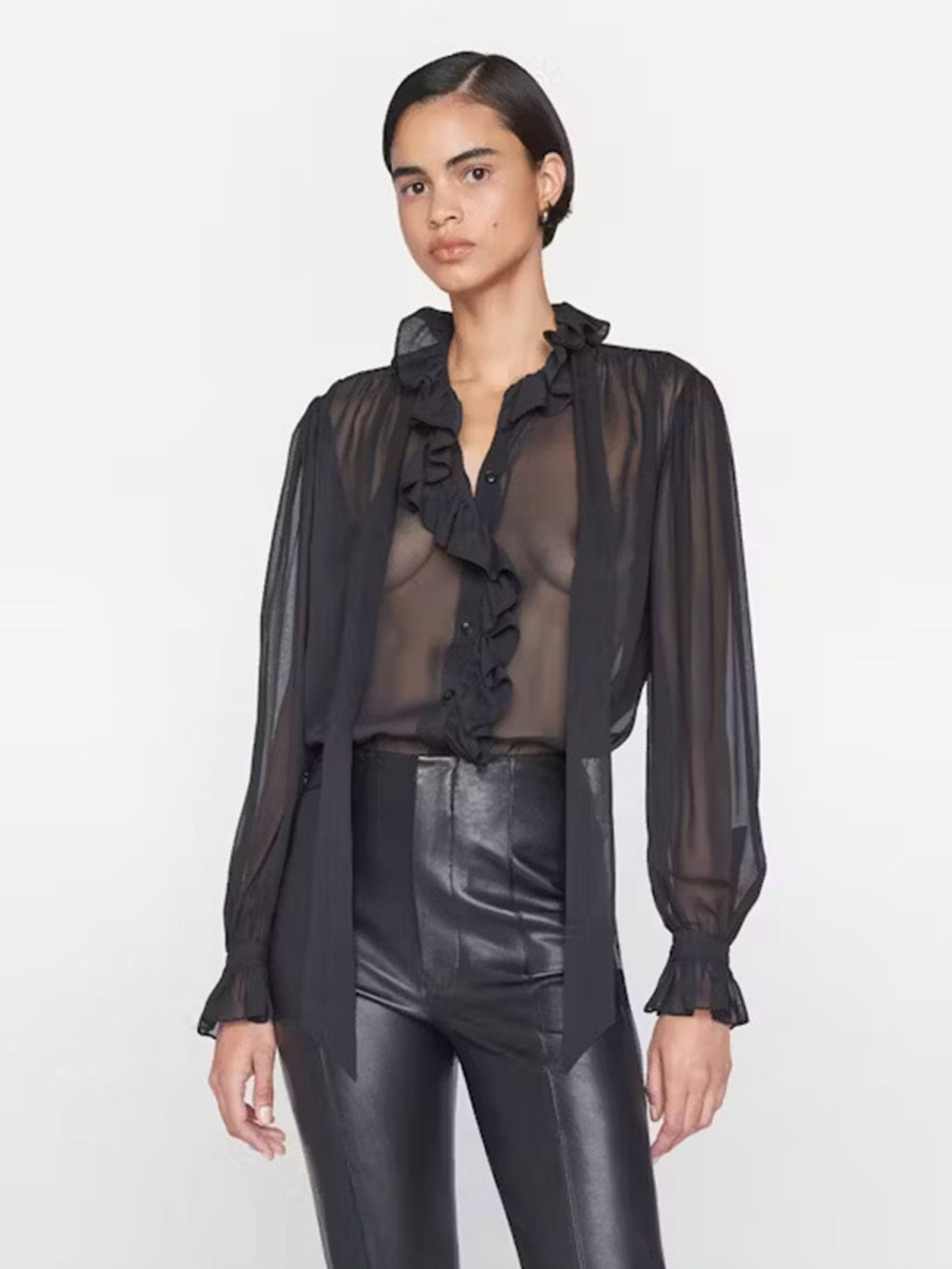 Women FRAME Shirts | Ruffle Front Button Up Shirt Noir