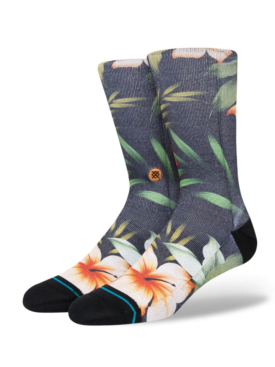 Men Stance Footwear & Socks | Cabana Crew Sock - Washed Black Floral Washed Blk Flrl