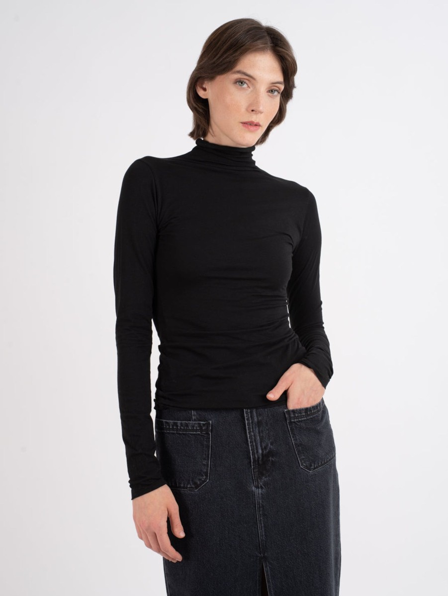 Women Velvet T-Shirts | Talisia Gauzy Whisper Fitted Mock Neck Tee Blk